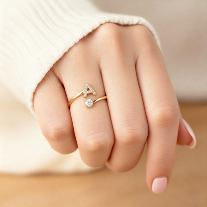 Verstelbare Initialenring "Klassiek" met kaartbericht & geschenkdoos